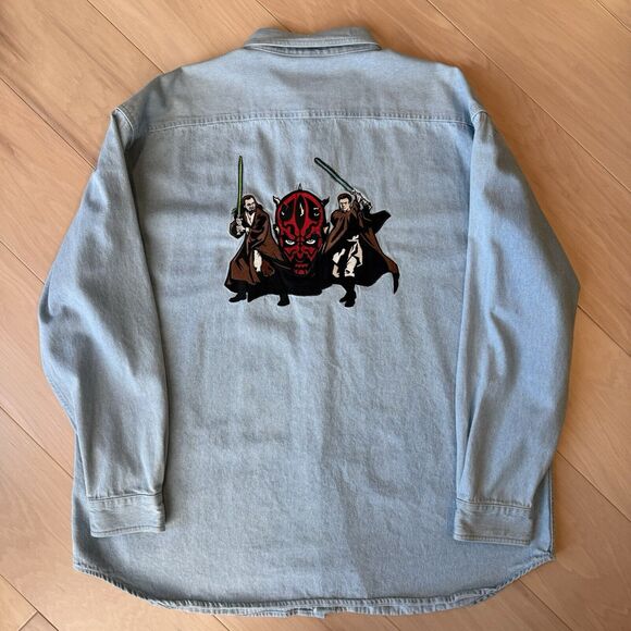 Vintage Star Wars Denim Shirt 2XL Blue 90s Movie Promo Button Up Darth Maul - Picture 7 of 9